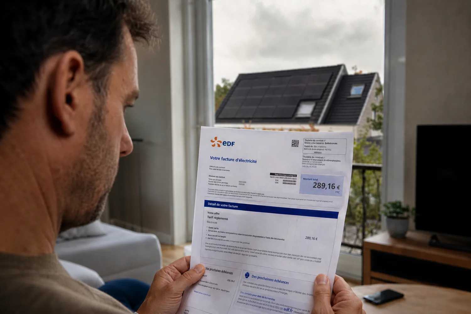 Propriétaire lisant une facture EDF avec des panneaux solaires visibles par la fenêtre — fin des aides 2026